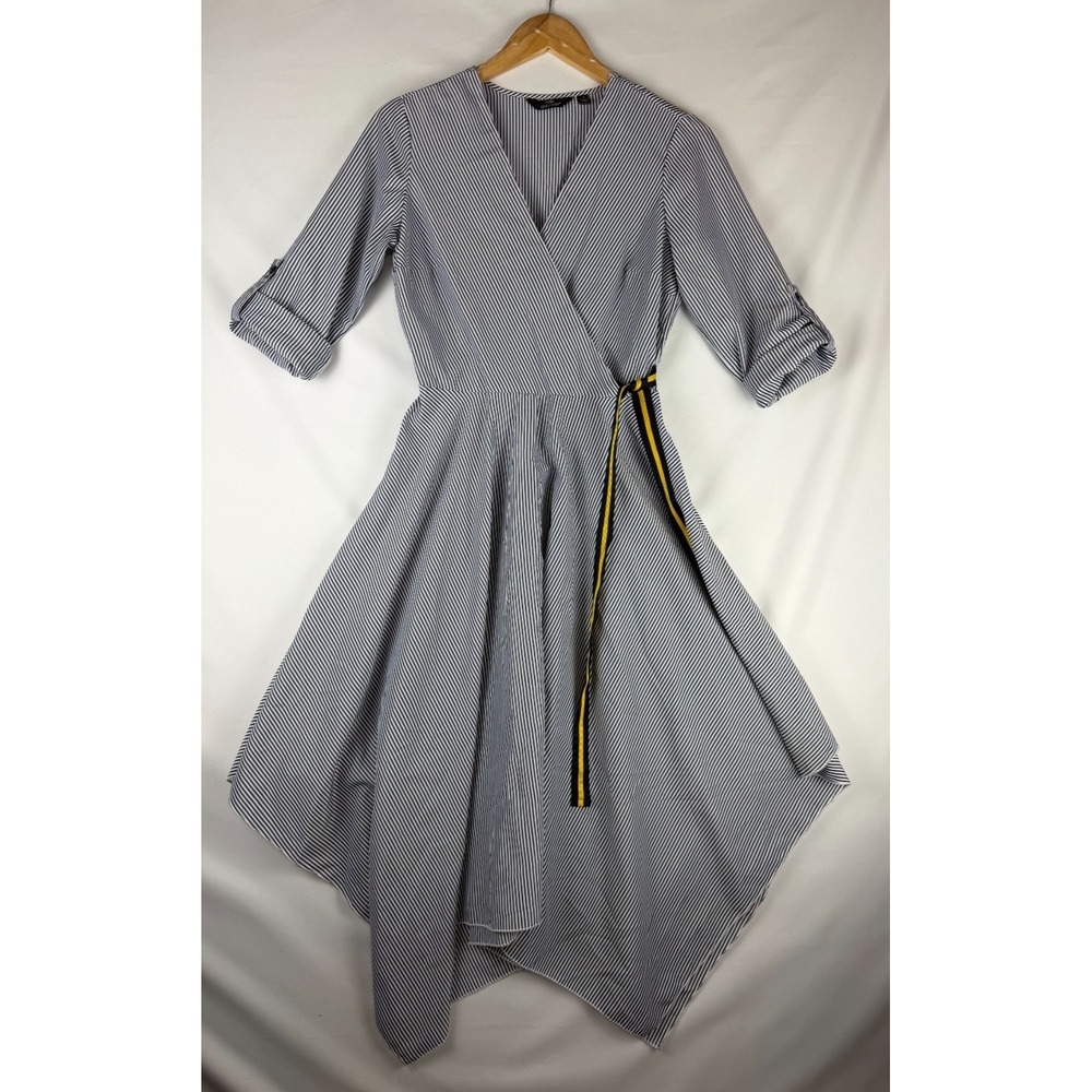 Mlle Gabrielle Womens Handkerchief Faux Wrap Dress Pinstriped Asymmetrical S